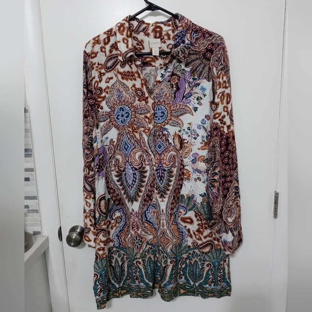 Chicos 3 Paisley Patchwork Print Long sleeve button down long tunic blouse